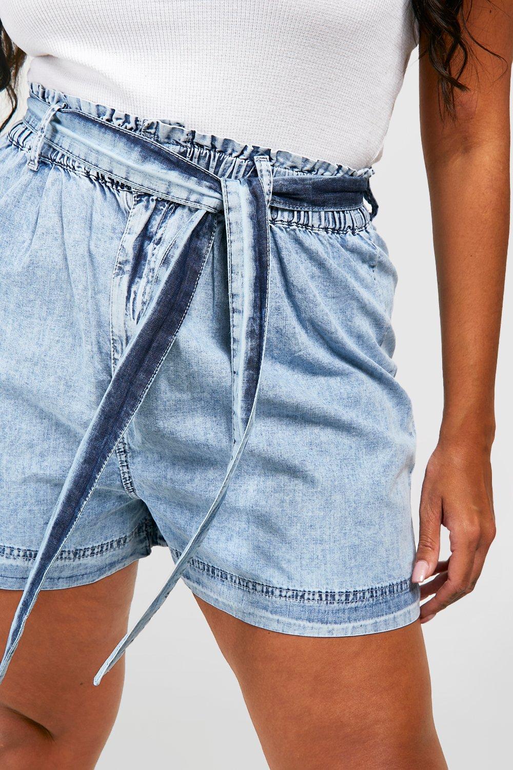 Plus Belted Paper Bag Denim Short
